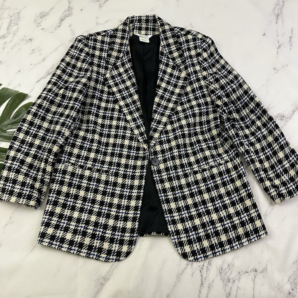 Sellecca Womens Vintage 90s Blazer Jacket Size 12 Black White Plaid Wool Blend